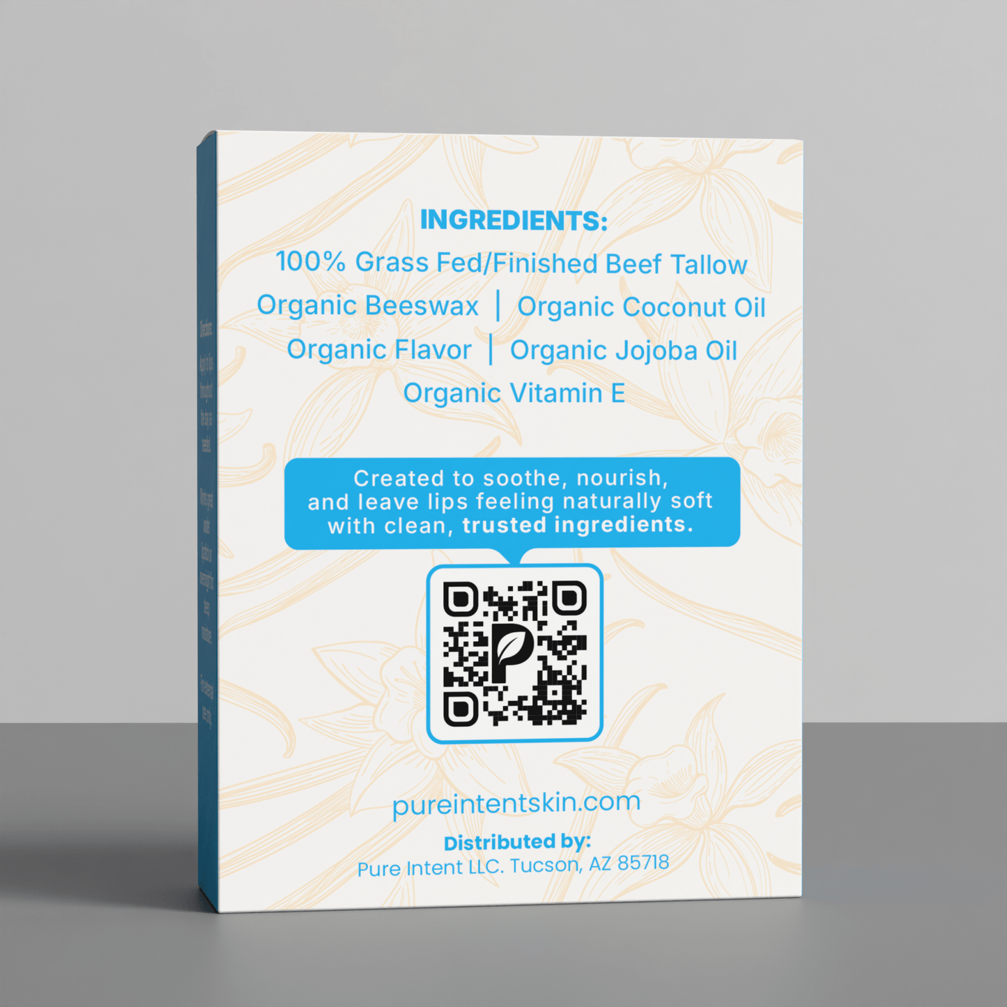 Ingredients list and back of Pure Intent Beef Tallow Lip Balm