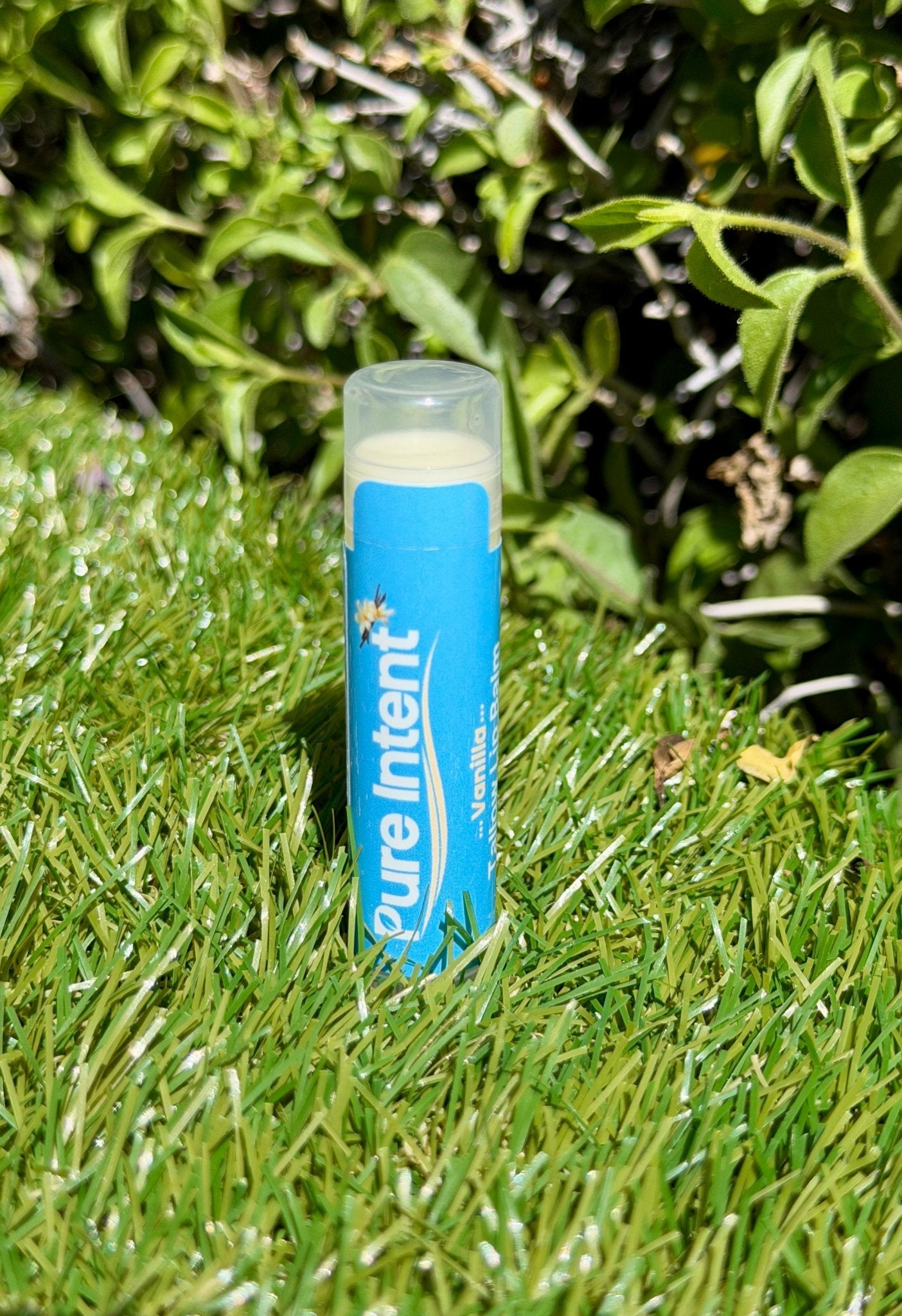 Blue lip balm with 'pure Intent' branding on grass