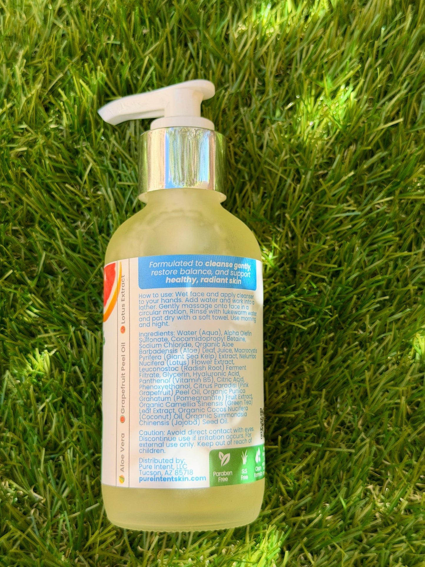 Back side of Pure Intent Natural Face Wash and its ingredients